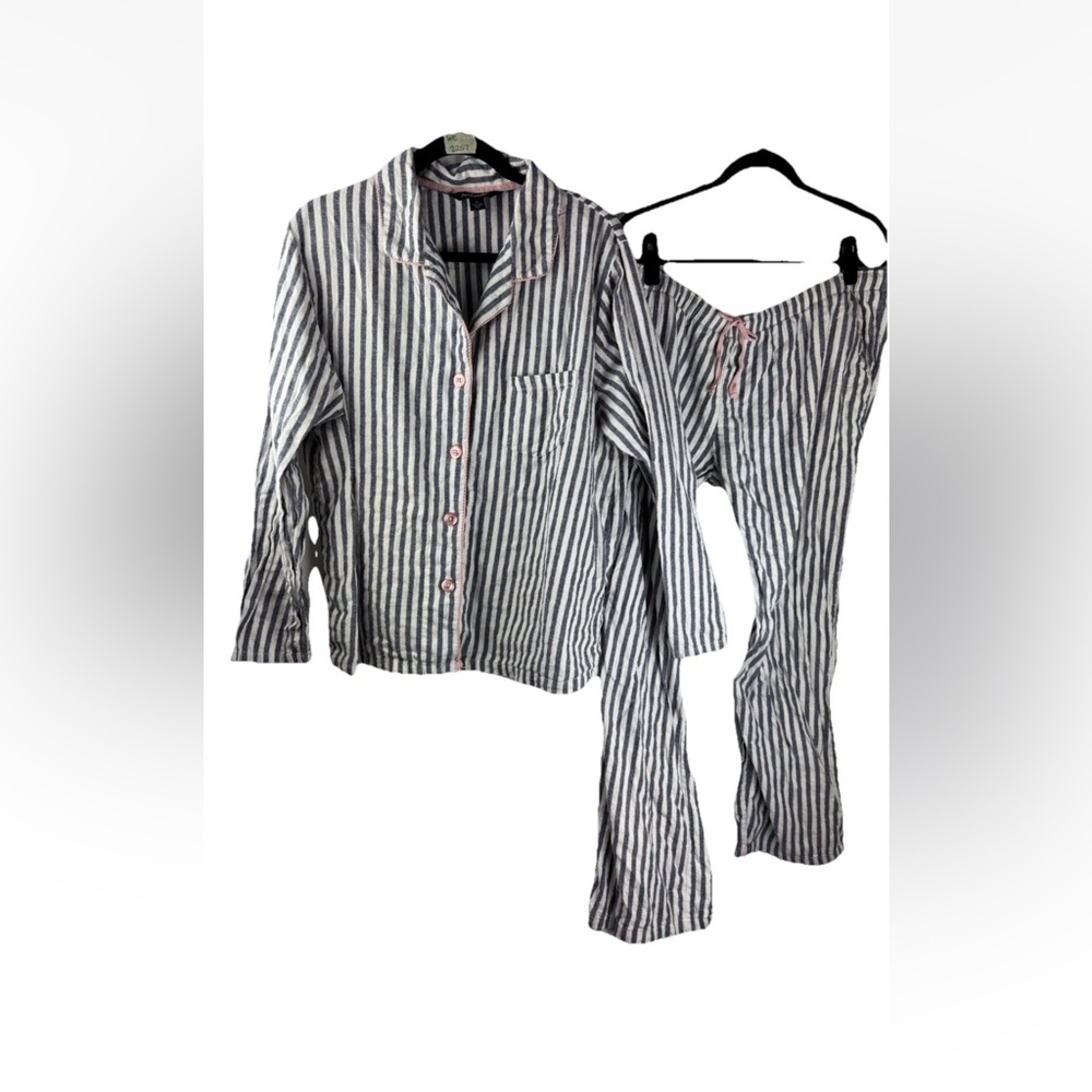 Ambrielle Flannel PJ Set Stripes Button Collar Pockets Woman XXL Navy Ivory Pink